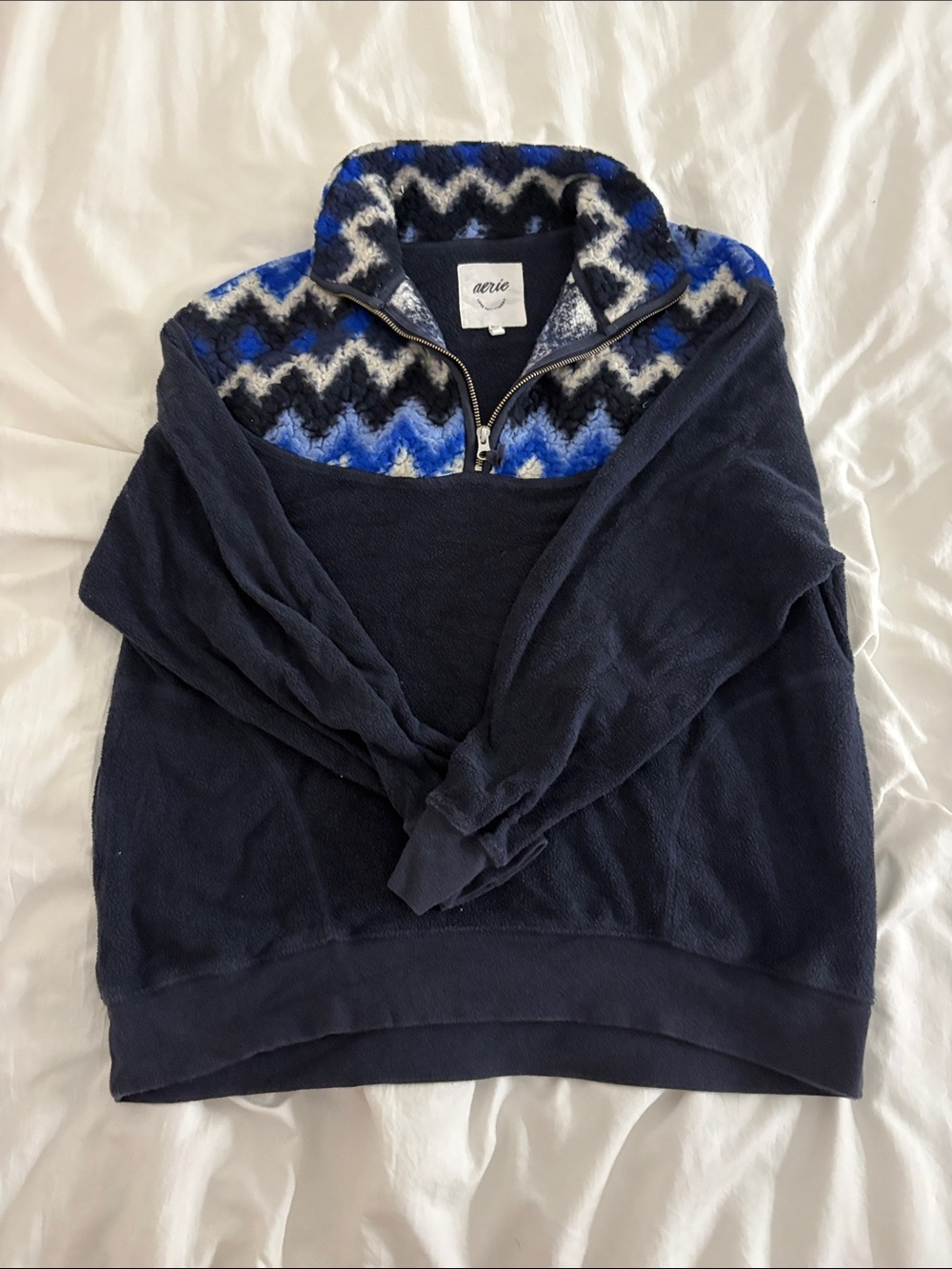 aerie Navy Half-Zip Sweater with Blue and White Patterned Yoke